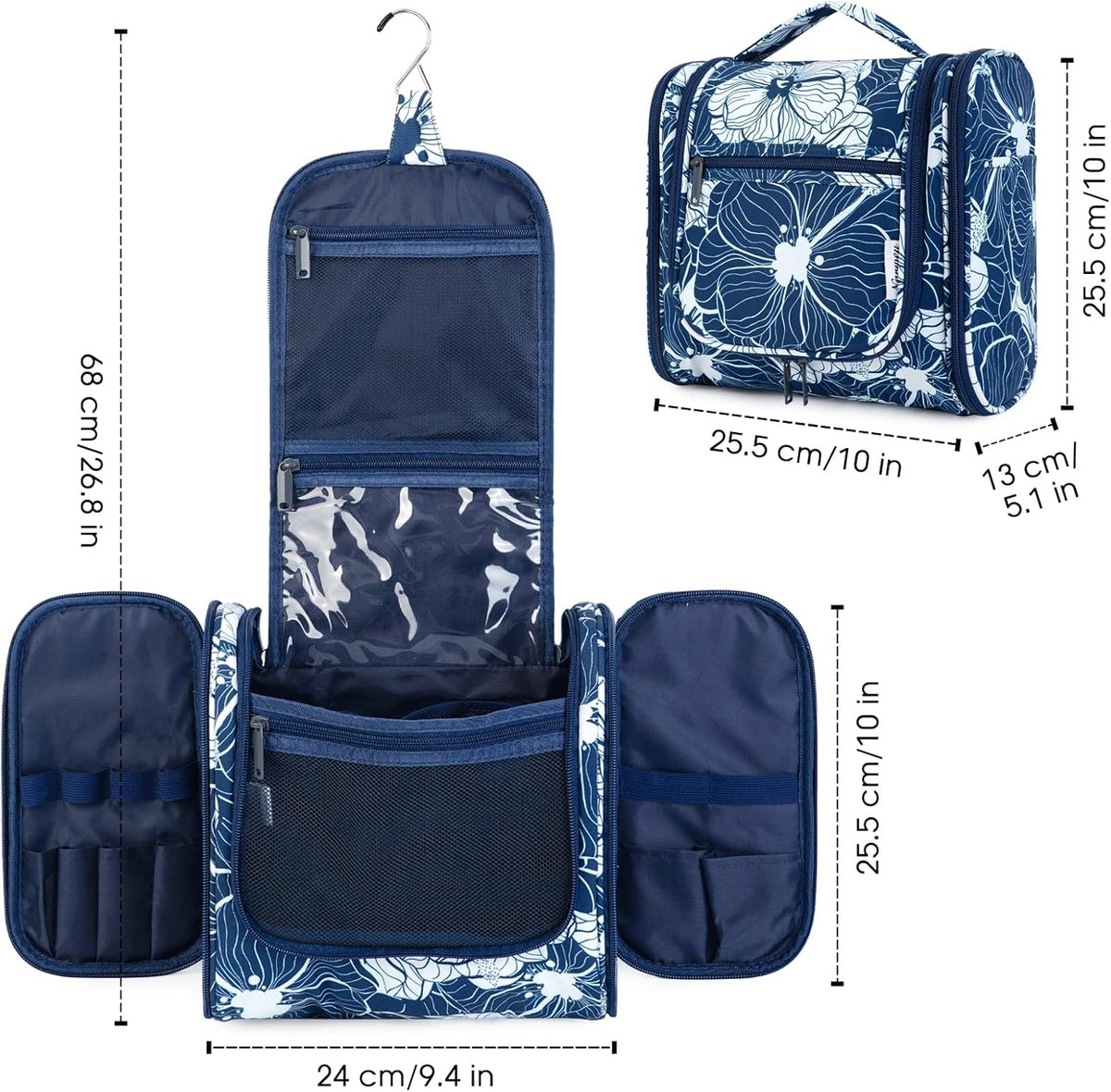 Hanging Toiletry Bag Women Travel Makeup Bag Organizer Toiletries Bag for Travel Size Essentials Accessories Cosmetics (Medium,Blue Flower)