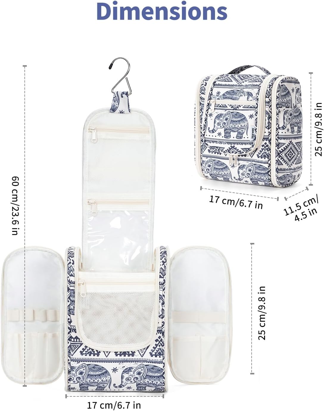 Hanging Toiletry Bag Women Travel Makeup Bag Organizer Toiletries Bag for Travel Size Essentials Accessories Cosmetics (Medium,Blue Flower)