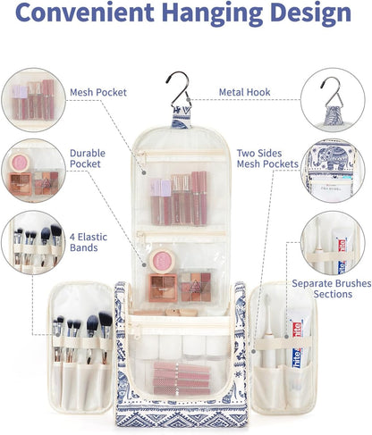 Hanging Toiletry Bag Women Travel Makeup Bag Organizer Toiletries Bag for Travel Size Essentials Accessories Cosmetics (Medium,Blue Flower)