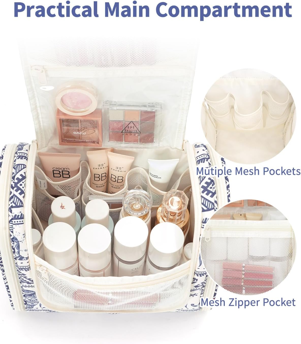 Hanging Toiletry Bag Women Travel Makeup Bag Organizer Toiletries Bag for Travel Size Essentials Accessories Cosmetics (Medium,Blue Flower)