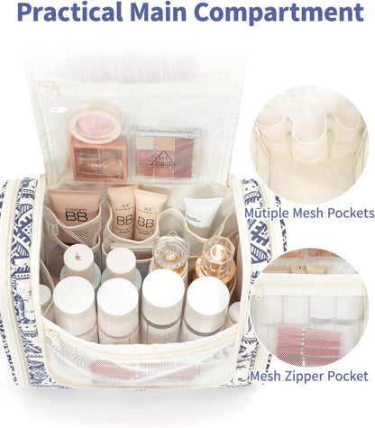 Hanging Toiletry Bag Women Travel Makeup Bag Organizer Toiletries Bag for Travel Size Essentials Accessories Cosmetics (Medium,Blue Flower)