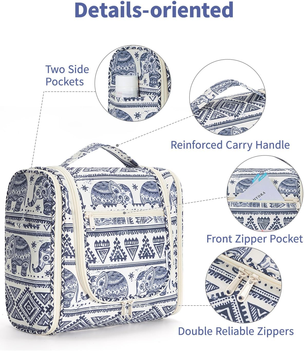 Hanging Toiletry Bag Women Travel Makeup Bag Organizer Toiletries Bag for Travel Size Essentials Accessories Cosmetics (Medium,Blue Flower)