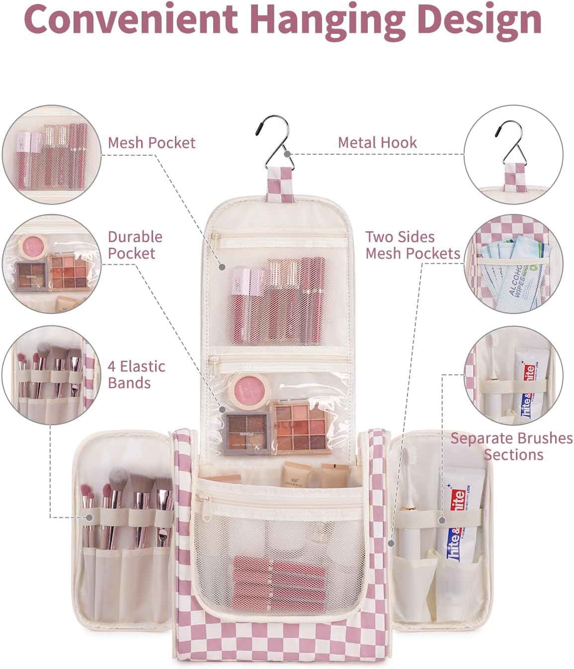 Hanging Toiletry Bag Women Travel Makeup Bag Organizer Toiletries Bag for Travel Size Essentials Accessories Cosmetics (Medium,Blue Flower)