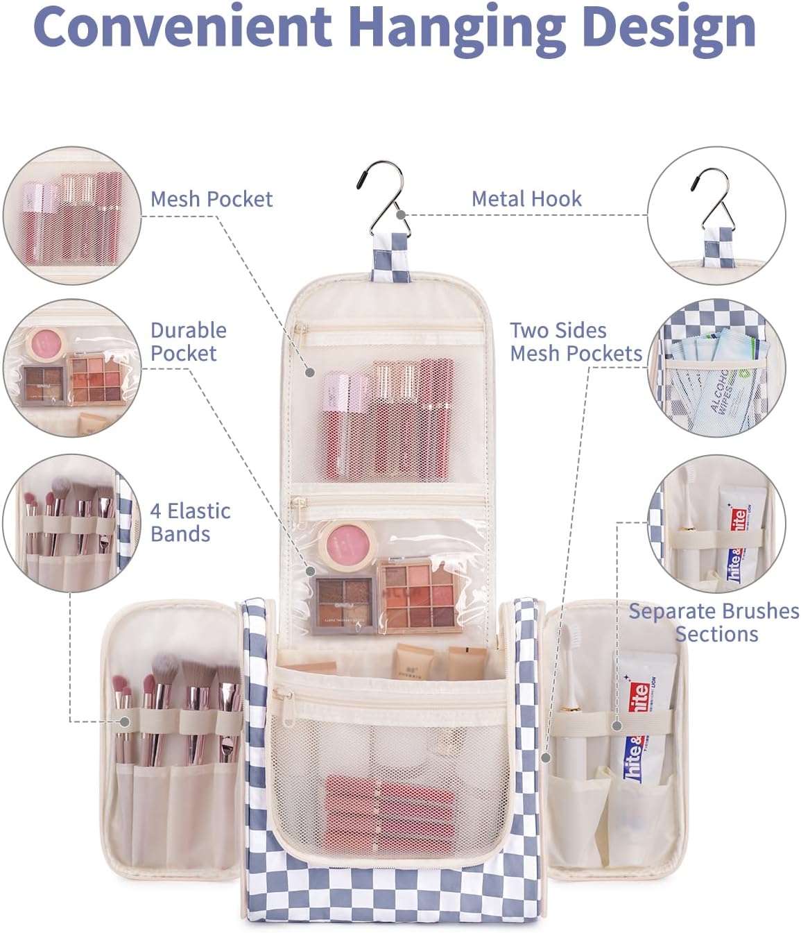 Hanging Toiletry Bag Women Travel Makeup Bag Organizer Toiletries Bag for Travel Size Essentials Accessories Cosmetics (Medium,Blue Flower)