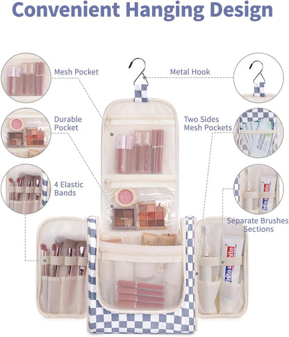 Hanging Toiletry Bag Women Travel Makeup Bag Organizer Toiletries Bag for Travel Size Essentials Accessories Cosmetics (Medium,Blue Flower)