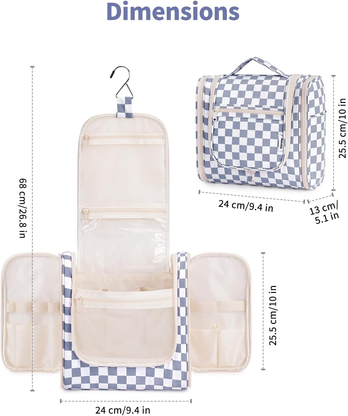 Hanging Toiletry Bag Women Travel Makeup Bag Organizer Toiletries Bag for Travel Size Essentials Accessories Cosmetics (Medium,Blue Flower)
