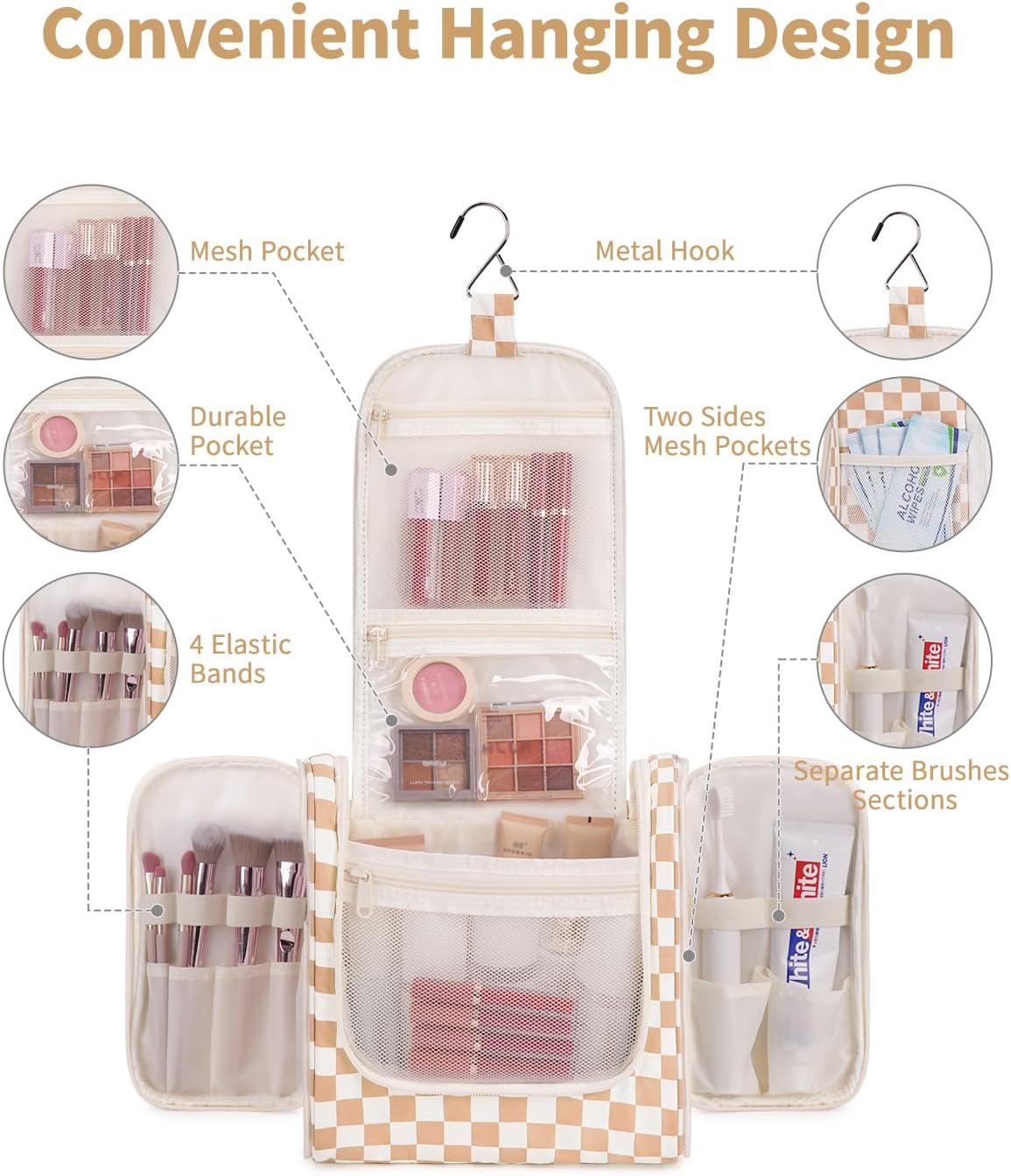 Hanging Toiletry Bag Women Travel Makeup Bag Organizer Toiletries Bag for Travel Size Essentials Accessories Cosmetics (Medium,Blue Flower)