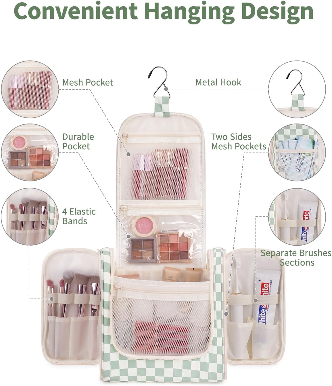 Hanging Toiletry Bag Women Travel Makeup Bag Organizer Toiletries Bag for Travel Size Essentials Accessories Cosmetics (Medium,Blue Flower)