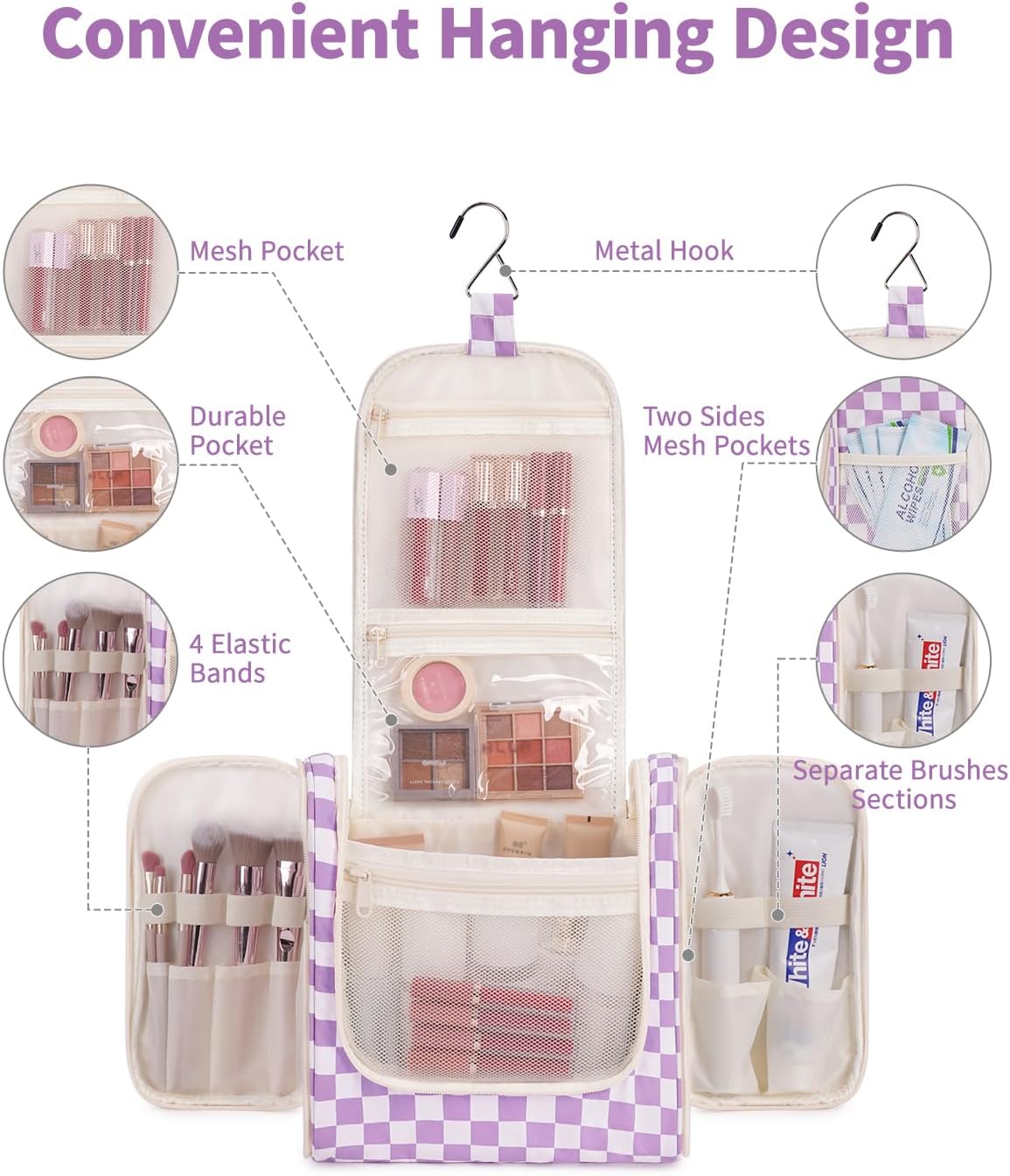 Hanging Toiletry Bag Women Travel Makeup Bag Organizer Toiletries Bag for Travel Size Essentials Accessories Cosmetics (Medium,Blue Flower)