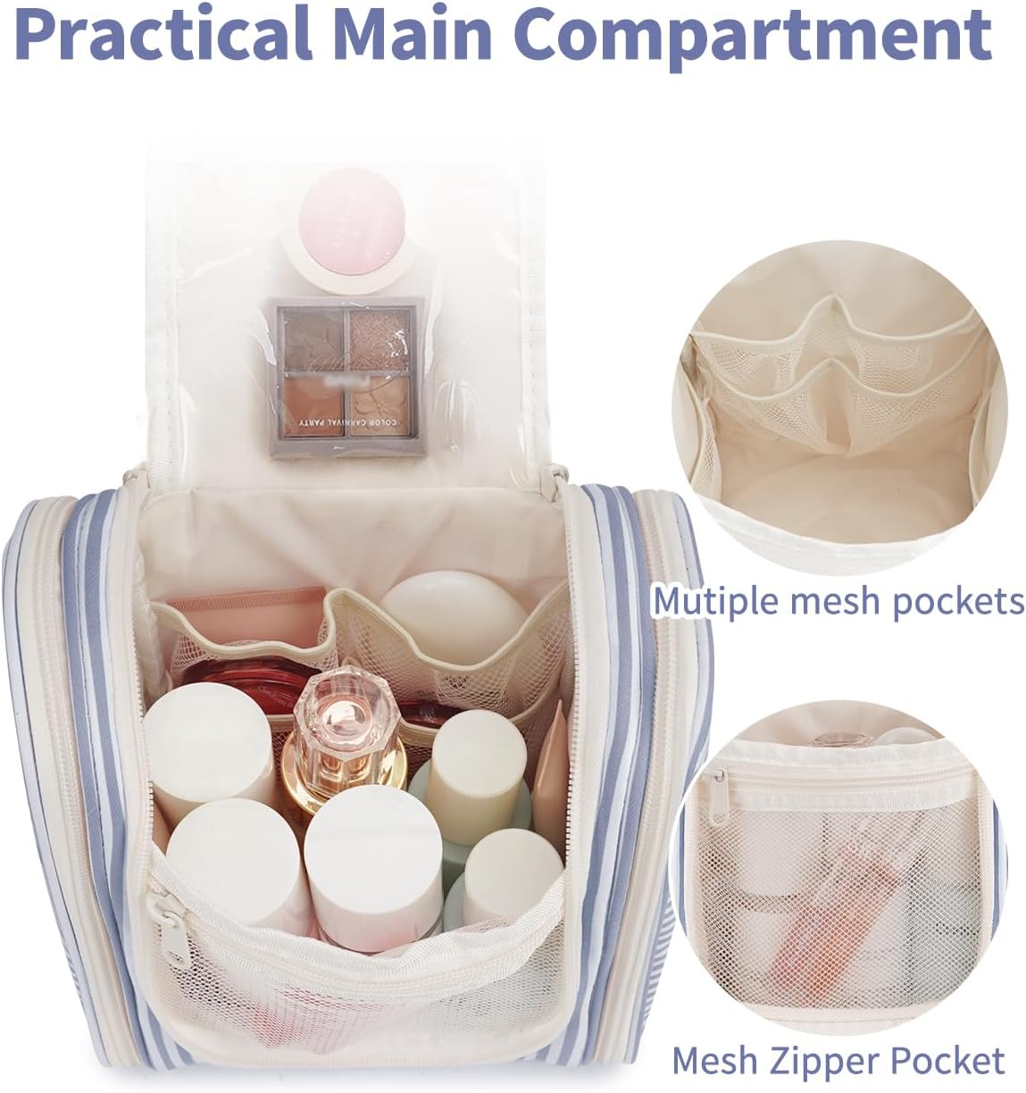 Hanging Toiletry Bag Women Travel Makeup Bag Organizer Toiletries Bag for Travel Size Essentials Accessories Cosmetics (Medium,Blue Flower)