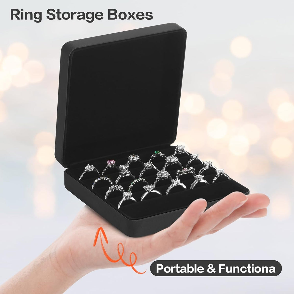 Ring Organizer Box, Travel Jewelry Holder Case for Women (Black) | PU Surface & Velvet Lining, Portable Jewelry Display Storage Boxs, for Multiple Rings Stud Earring