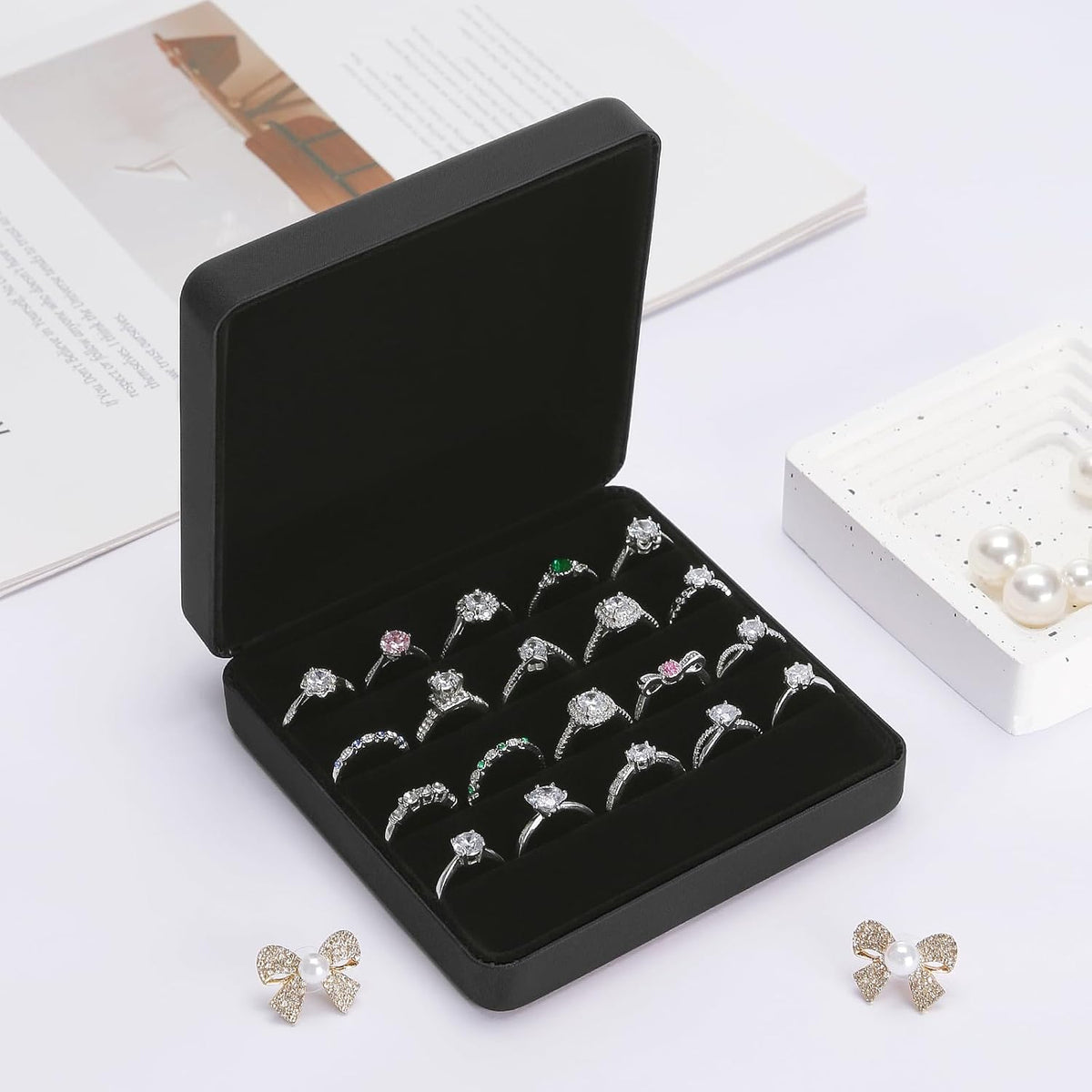 Ring Organizer Box, Travel Jewelry Holder Case for Women (Black) | PU Surface & Velvet Lining, Portable Jewelry Display Storage Boxs, for Multiple Rings Stud Earring