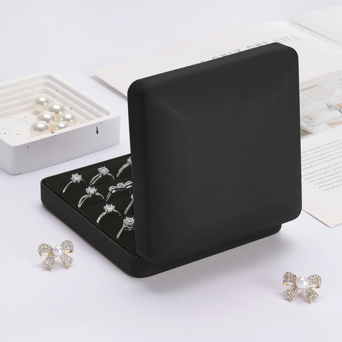 Ring Organizer Box, Travel Jewelry Holder Case for Women (Black) | PU Surface & Velvet Lining, Portable Jewelry Display Storage Boxs, for Multiple Rings Stud Earring