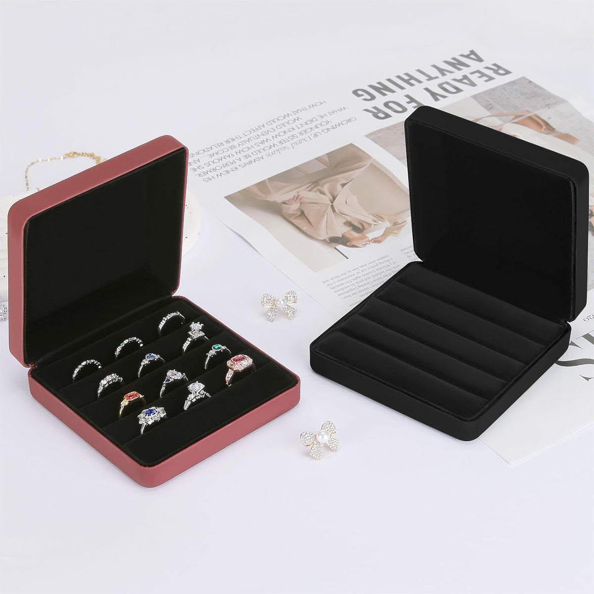 Ring Organizer Box, Travel Jewelry Holder Case for Women (Black) | PU Surface & Velvet Lining, Portable Jewelry Display Storage Boxs, for Multiple Rings Stud Earring
