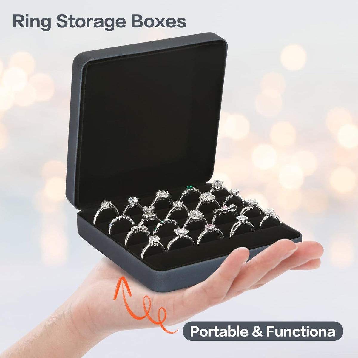Ring Organizer Box, Travel Jewelry Holder Case for Women (Black) | PU Surface & Velvet Lining, Portable Jewelry Display Storage Boxs, for Multiple Rings Stud Earring