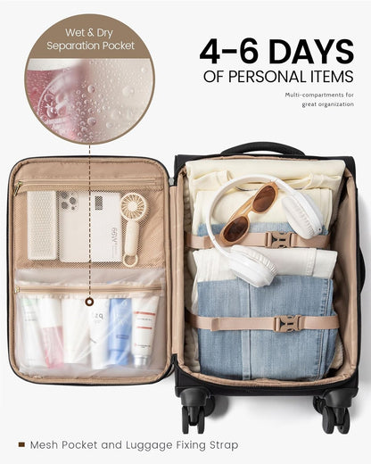 Carry On Luggage 22x14x9 Airline Approved, 22 Inch Softside Suitcases with Spinner Wheels, Lightweight Carry-on Suitcase with TSA Lock for Women Men, Large Luggage for Travel Business Trip