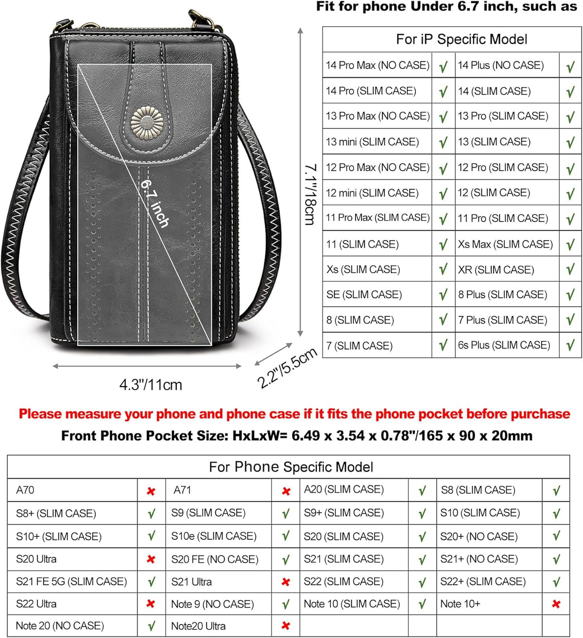 Women RFID Blocking Crossbody Cell Phone Purse PU Leather Wallet | Card Slots, Anti-theft, Multi Pockets, Detachable Adjustable Strap, Small, Travel Eveyday Shopping Outing