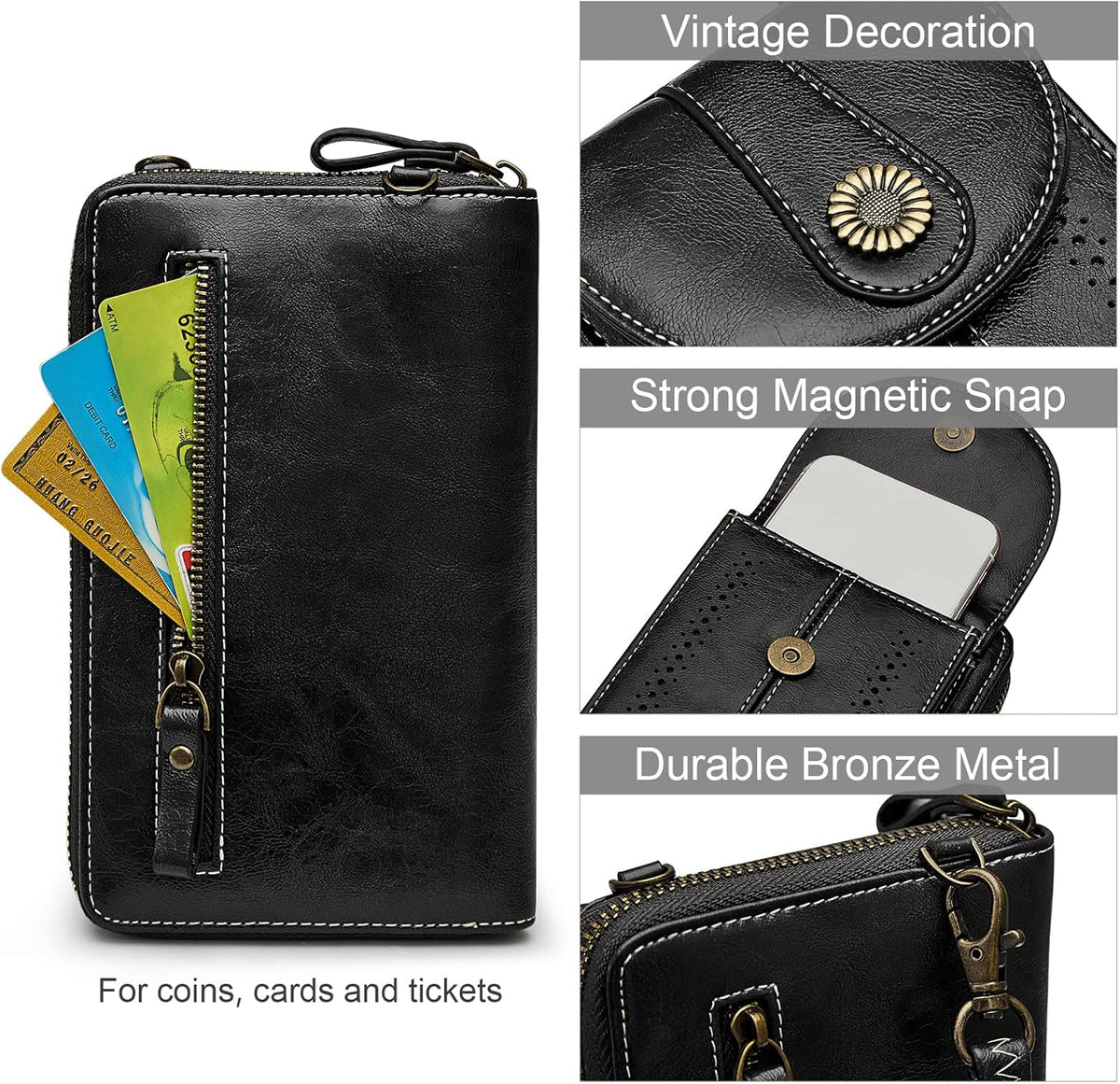 Women RFID Blocking Crossbody Cell Phone Purse PU Leather Wallet | Card Slots, Anti-theft, Multi Pockets, Detachable Adjustable Strap, Small, Travel Eveyday Shopping Outing