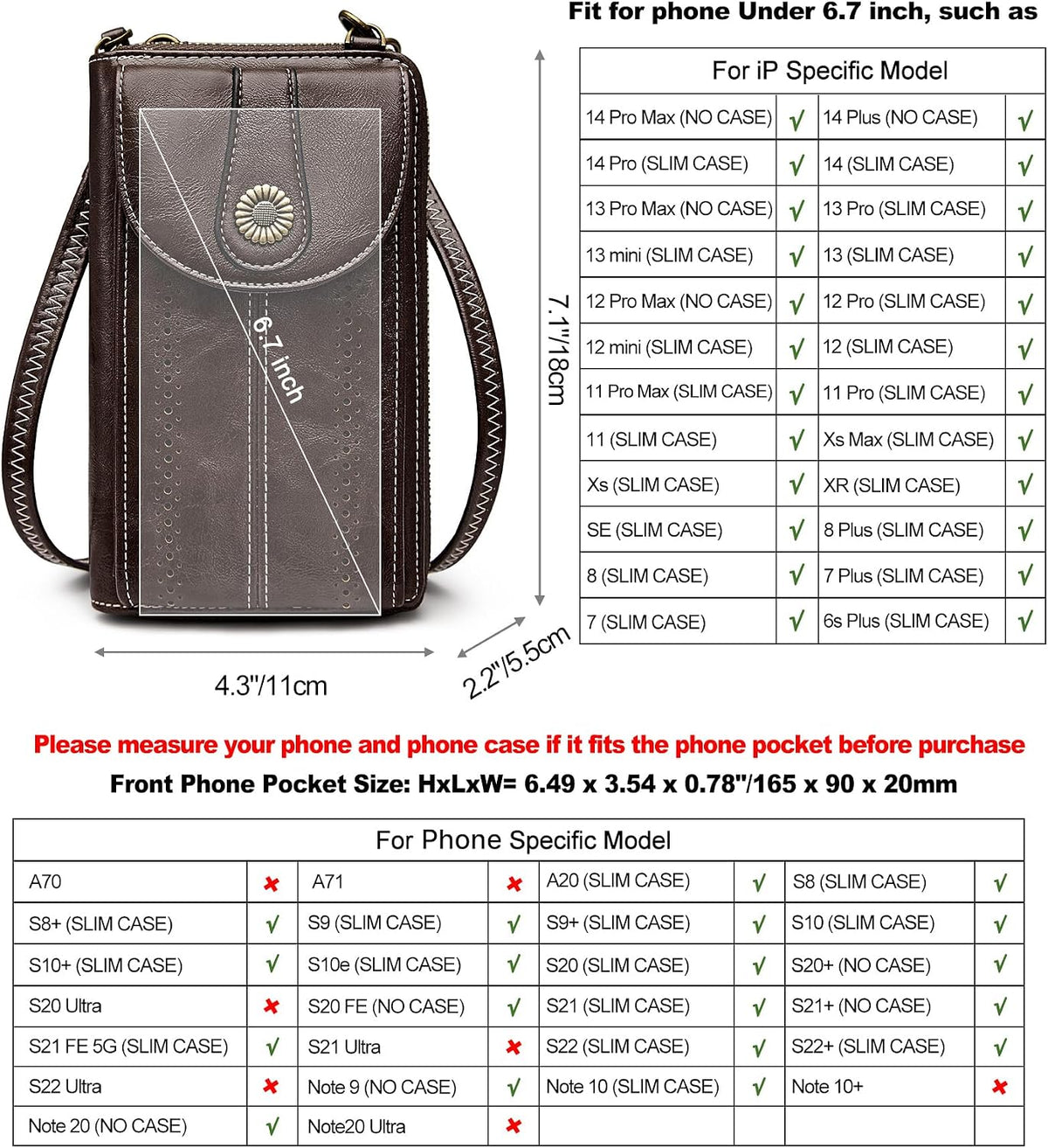 Women RFID Blocking Crossbody Cell Phone Purse PU Leather Wallet | Card Slots, Anti-theft, Multi Pockets, Detachable Adjustable Strap, Small, Travel Eveyday Shopping Outing