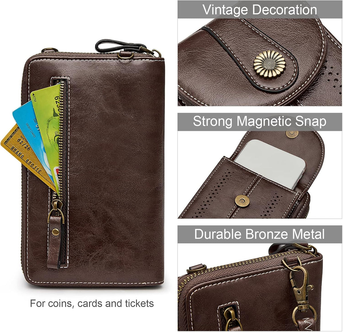 Women RFID Blocking Crossbody Cell Phone Purse PU Leather Wallet | Card Slots, Anti-theft, Multi Pockets, Detachable Adjustable Strap, Small, Travel Eveyday Shopping Outing
