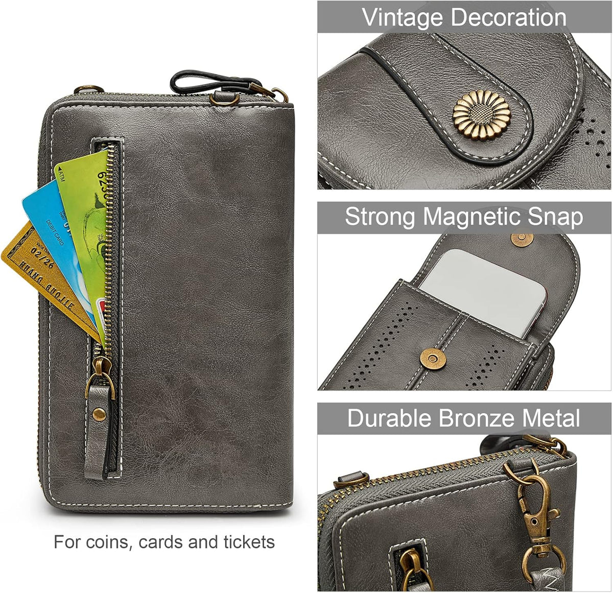 Women RFID Blocking Crossbody Cell Phone Purse PU Leather Wallet | Card Slots, Anti-theft, Multi Pockets, Detachable Adjustable Strap, Small, Travel Eveyday Shopping Outing