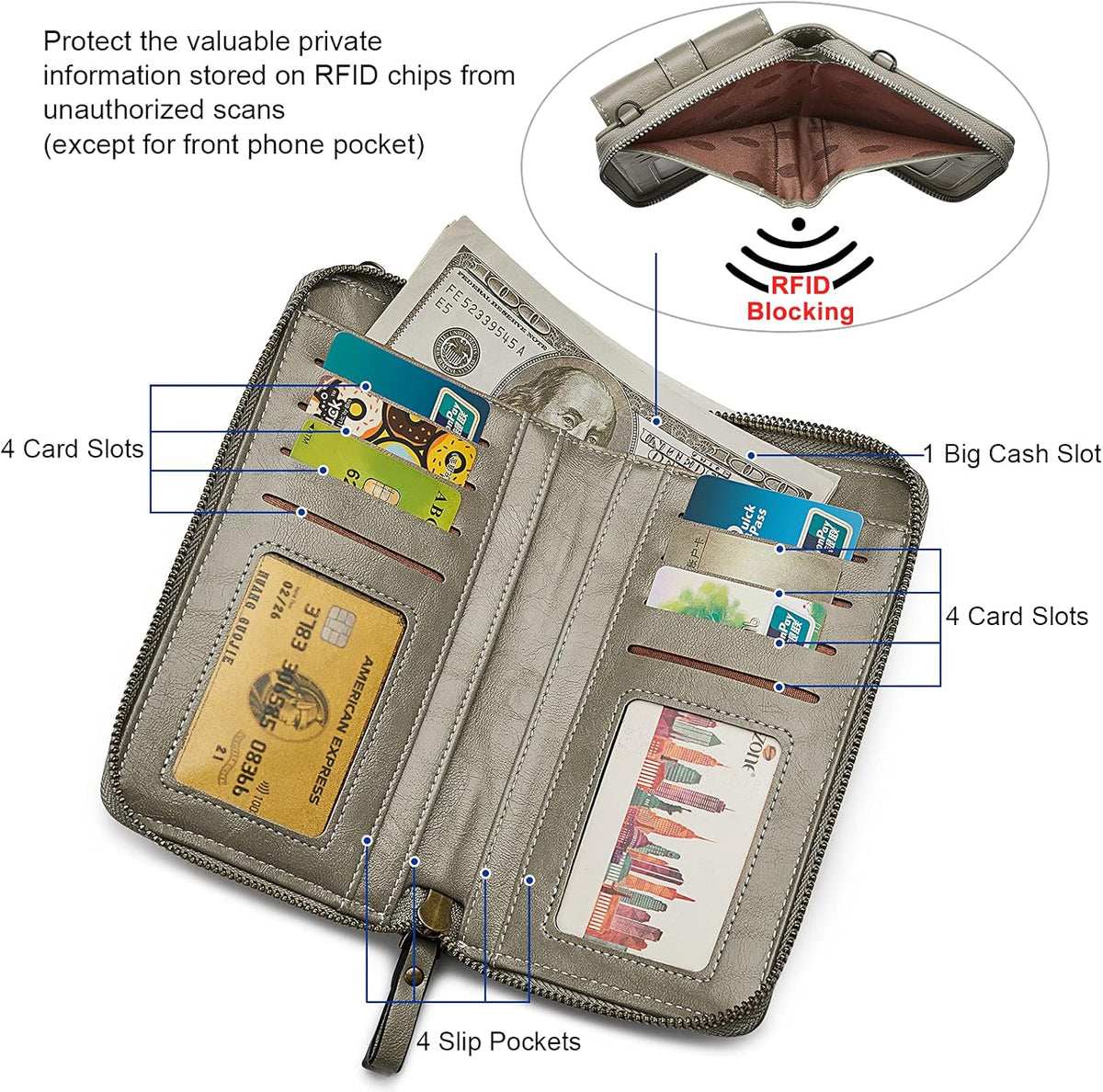Women RFID Blocking Crossbody Cell Phone Purse PU Leather Wallet | Card Slots, Anti-theft, Multi Pockets, Detachable Adjustable Strap, Small, Travel Eveyday Shopping Outing