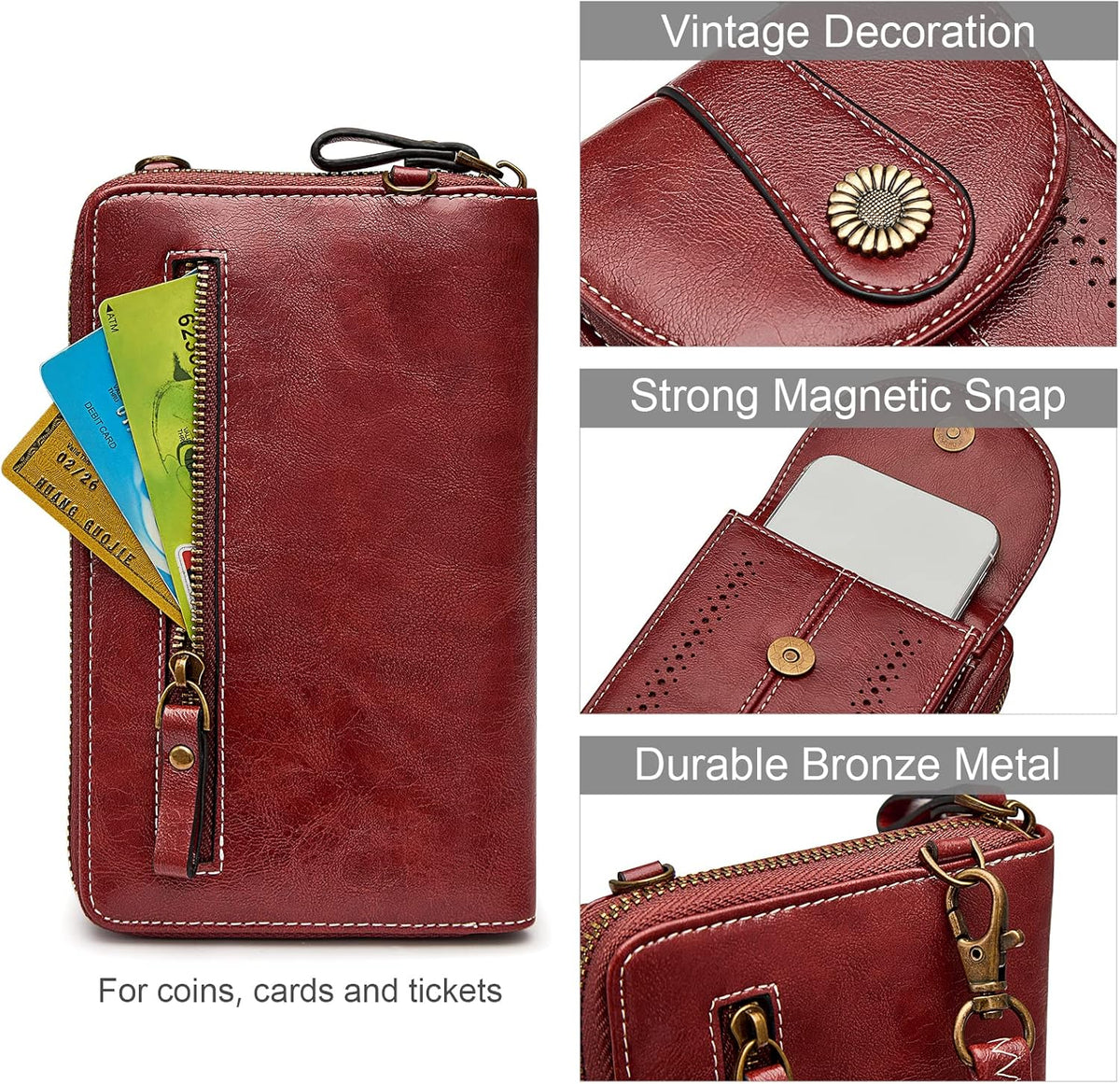 Women RFID Blocking Crossbody Cell Phone Purse PU Leather Wallet | Card Slots, Anti-theft, Multi Pockets, Detachable Adjustable Strap, Small, Travel Eveyday Shopping Outing