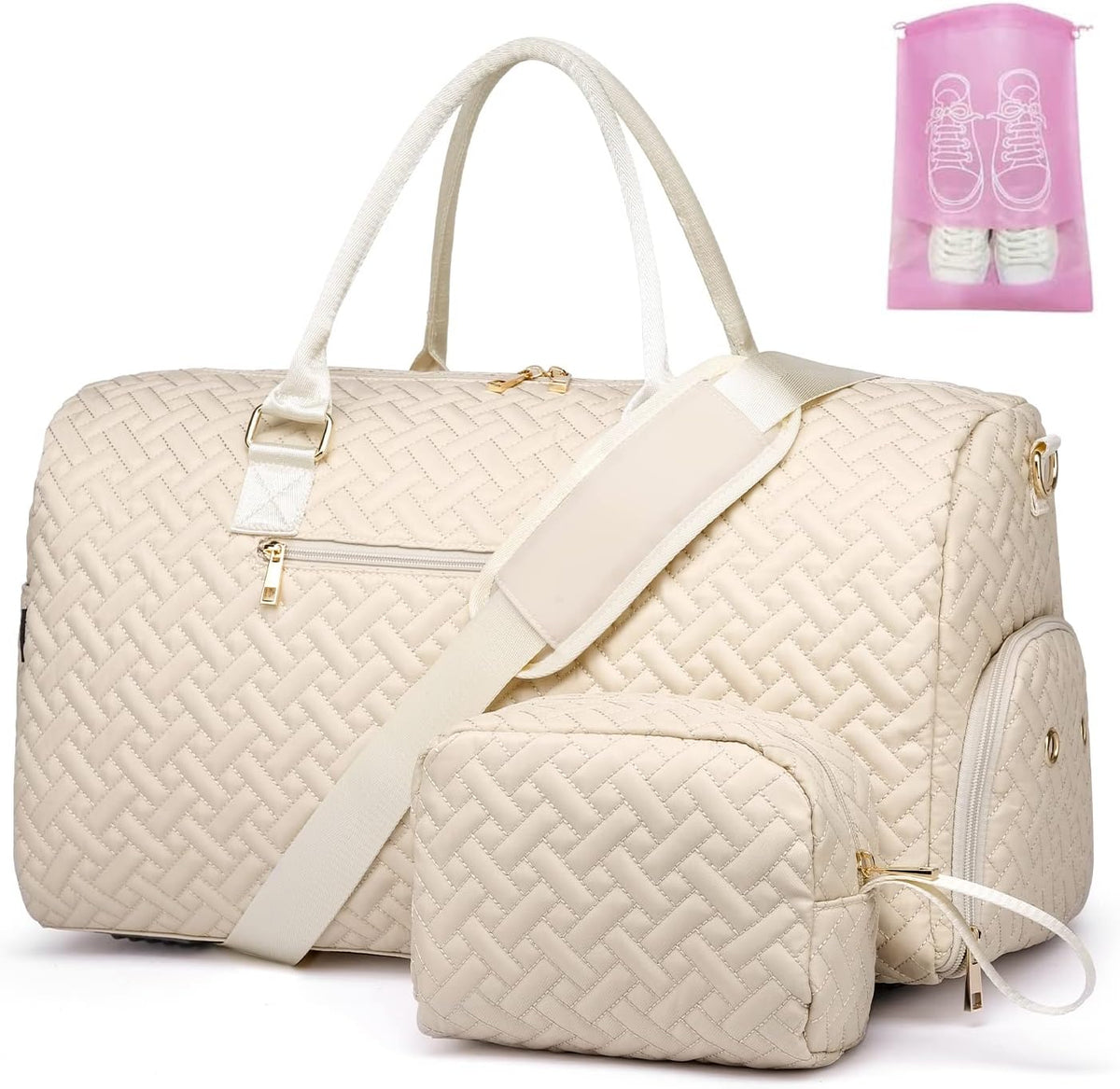 Duffle Bag for Travel, Weekender Bag with Shoe Compartment, Carry On Overnight Bag for Women with Toiletry Bag, Gym Bag with Wet Pocket, Hospital Bags for Labor and Delivery Beige