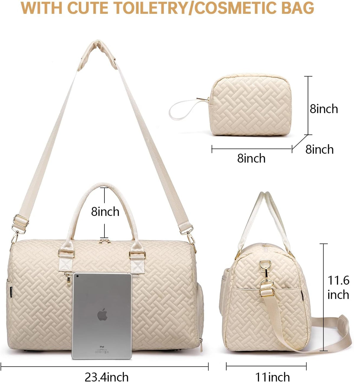 Duffle Bag for Travel, Weekender Bag with Shoe Compartment, Carry On Overnight Bag for Women with Toiletry Bag, Gym Bag with Wet Pocket, Hospital Bags for Labor and Delivery Beige