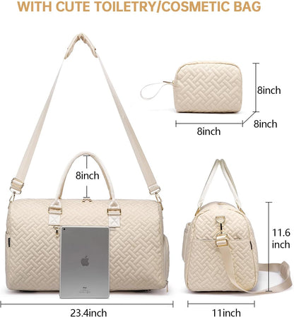 Duffle Bag for Travel, Weekender Bag with Shoe Compartment, Carry On Overnight Bag for Women with Toiletry Bag, Gym Bag with Wet Pocket, Hospital Bags for Labor and Delivery Beige