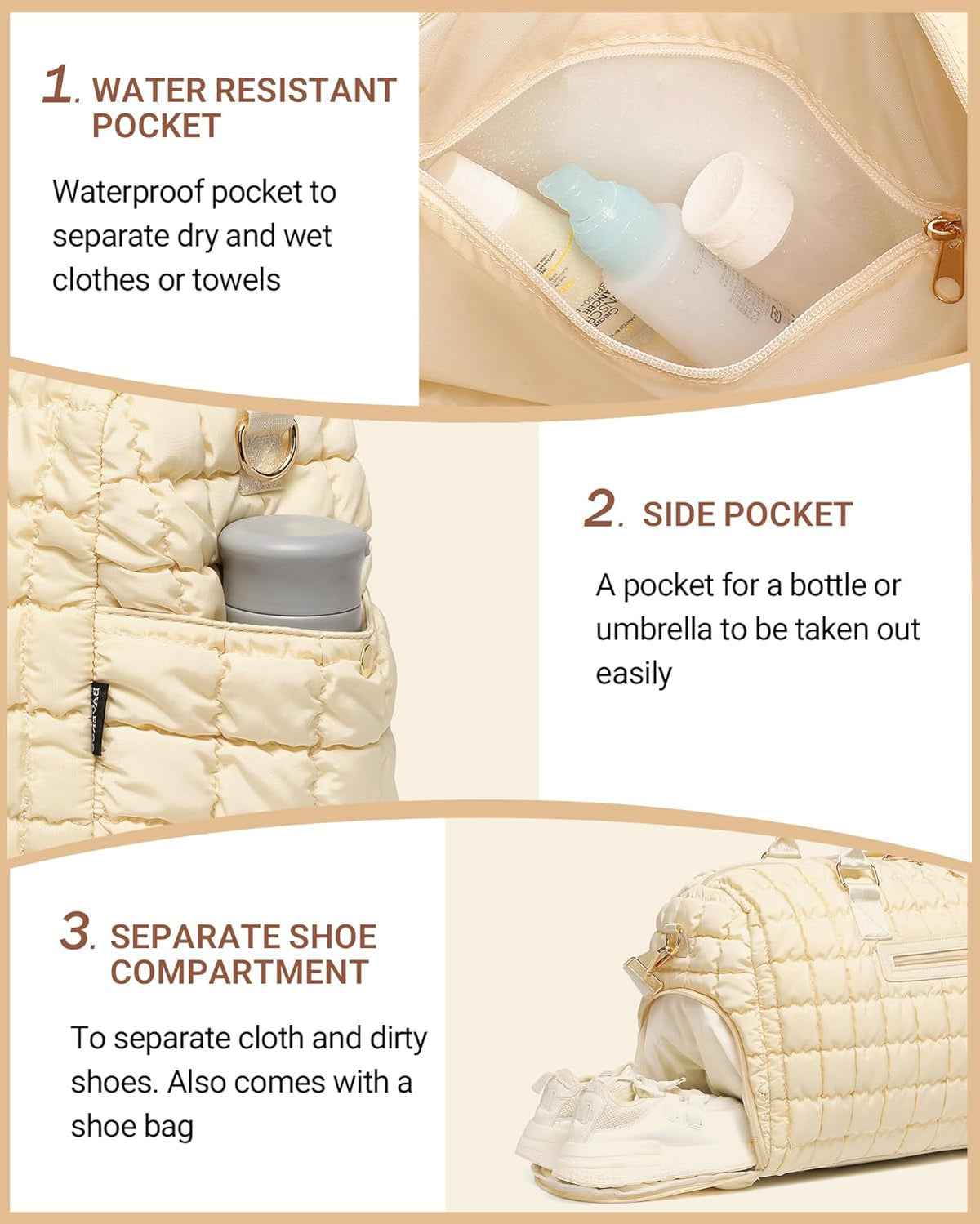 Duffle Bag for Travel, Weekender Bag with Shoe Compartment, Carry On Overnight Bag for Women with Toiletry Bag, Gym Bag with Wet Pocket, Hospital Bags for Labor and Delivery Beige