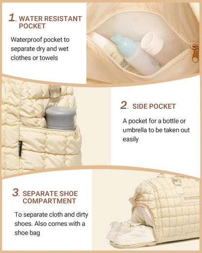 Duffle Bag for Travel, Weekender Bag with Shoe Compartment, Carry On Overnight Bag for Women with Toiletry Bag, Gym Bag with Wet Pocket, Hospital Bags for Labor and Delivery Beige