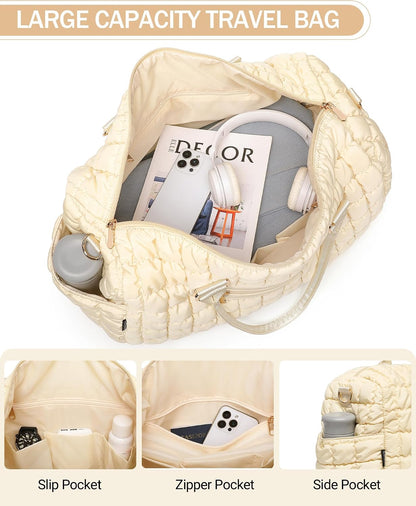 Duffle Bag for Travel, Weekender Bag with Shoe Compartment, Carry On Overnight Bag for Women with Toiletry Bag, Gym Bag with Wet Pocket, Hospital Bags for Labor and Delivery Beige