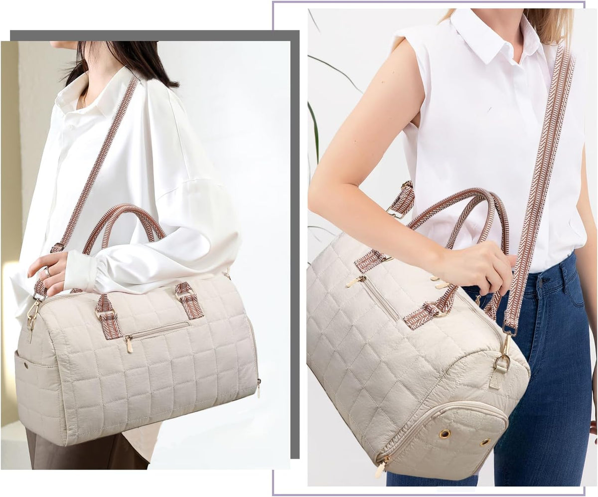 Duffle Bag for Travel, Weekender Bag with Shoe Compartment, Carry On Overnight Bag for Women with Toiletry Bag, Gym Bag with Wet Pocket, Hospital Bags for Labor and Delivery Beige