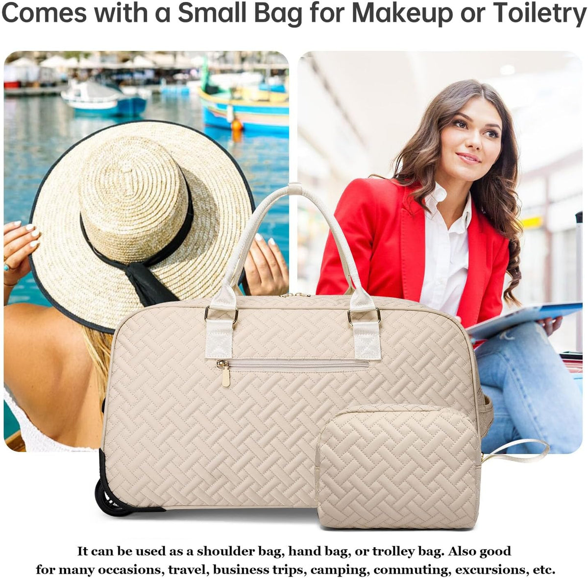 Duffle Bag for Travel, Weekender Bag with Shoe Compartment, Carry On Overnight Bag for Women with Toiletry Bag, Gym Bag with Wet Pocket, Hospital Bags for Labor and Delivery Beige