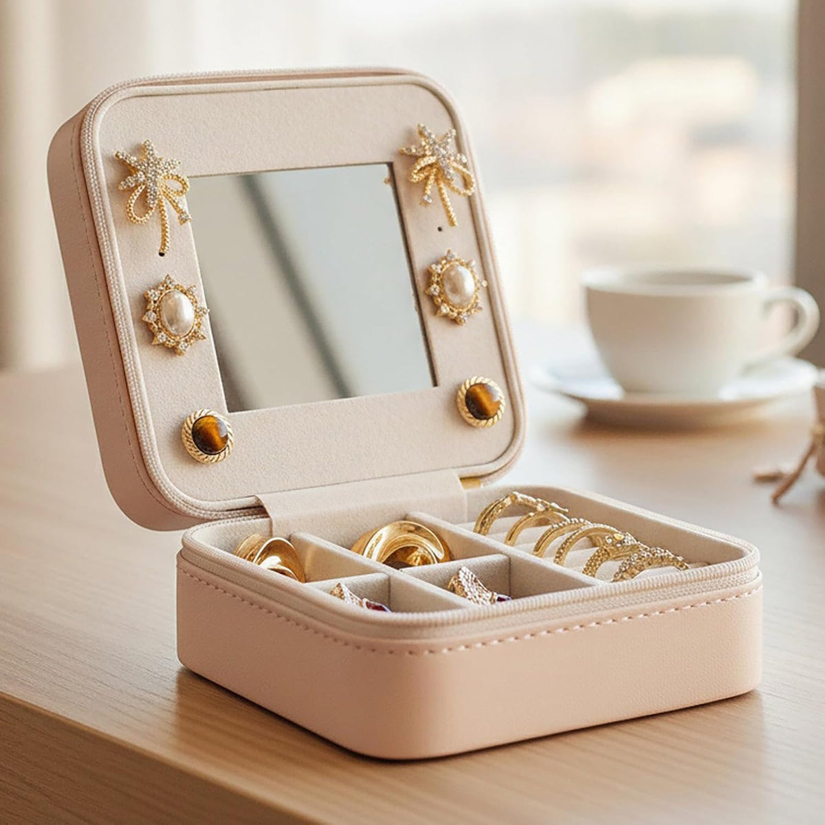 Small Mirrored Travel Jewelry Box Organizer, Purple | Carry-on, For Necklaces Rings Earrings, Storage Case