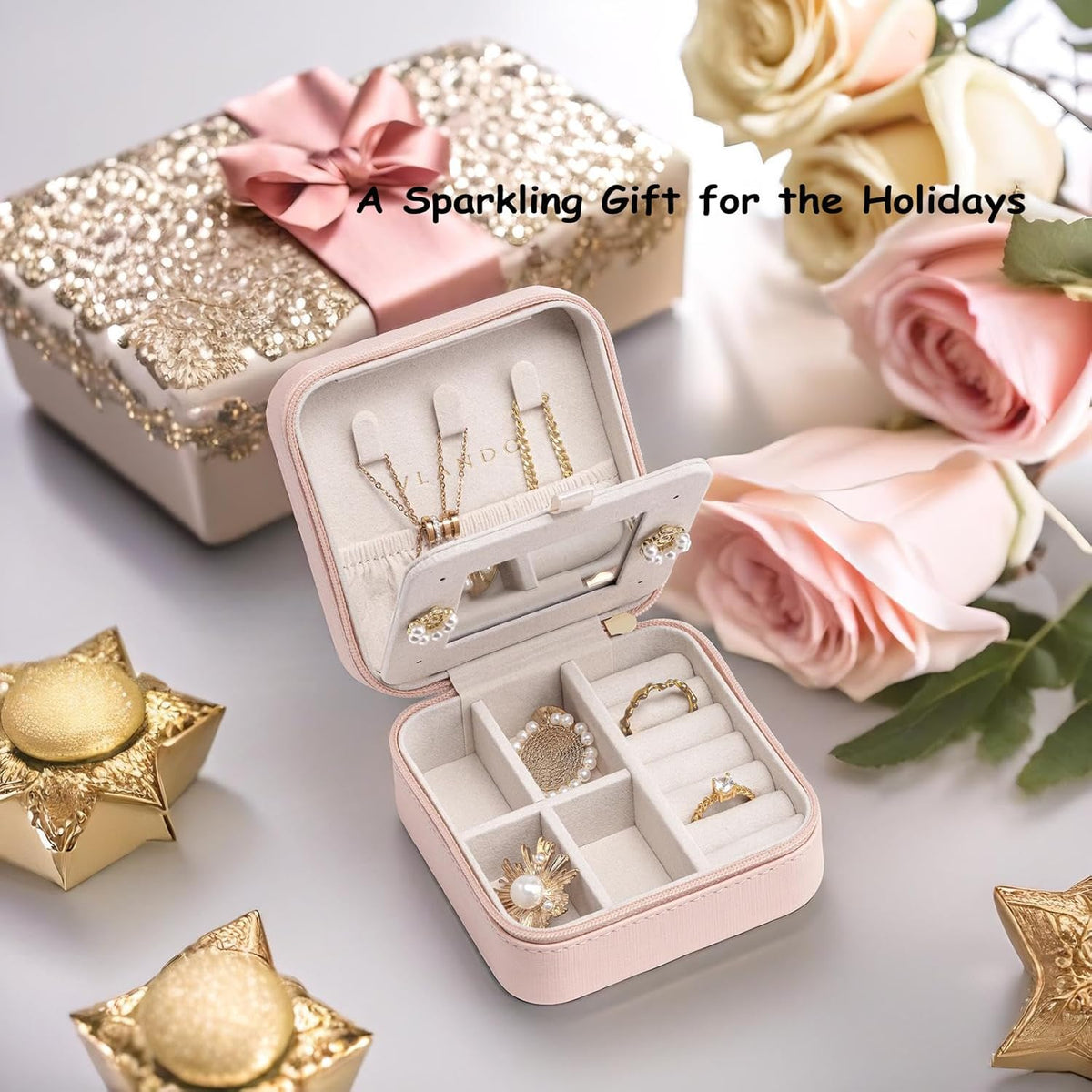 Small Mirrored Travel Jewelry Box Organizer, Purple | Carry-on, For Necklaces Rings Earrings, Storage Case