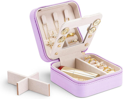 Small Mirrored Travel Jewelry Box Organizer, Purple | Carry-on, For Necklaces Rings Earrings, Storage Case