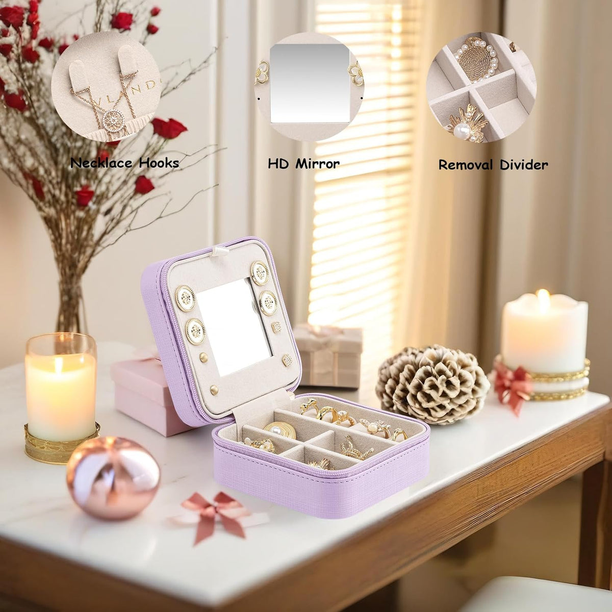 Small Mirrored Travel Jewelry Box Organizer, Purple | Carry-on, For Necklaces Rings Earrings, Storage Case