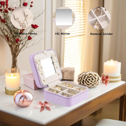 Small Mirrored Travel Jewelry Box Organizer, Purple | Carry-on, For Necklaces Rings Earrings, Storage Case