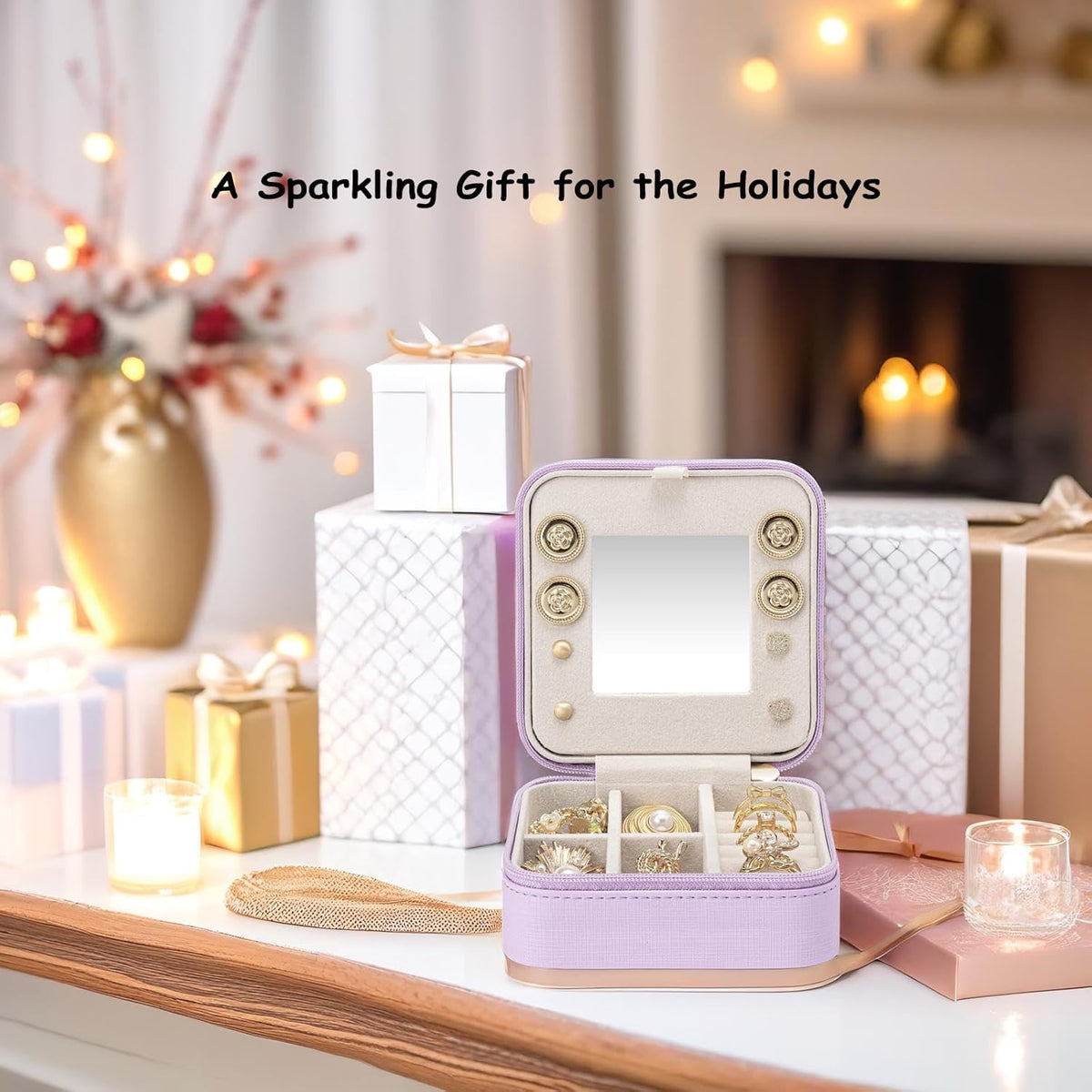 Small Mirrored Travel Jewelry Box Organizer, Purple | Carry-on, For Necklaces Rings Earrings, Storage Case