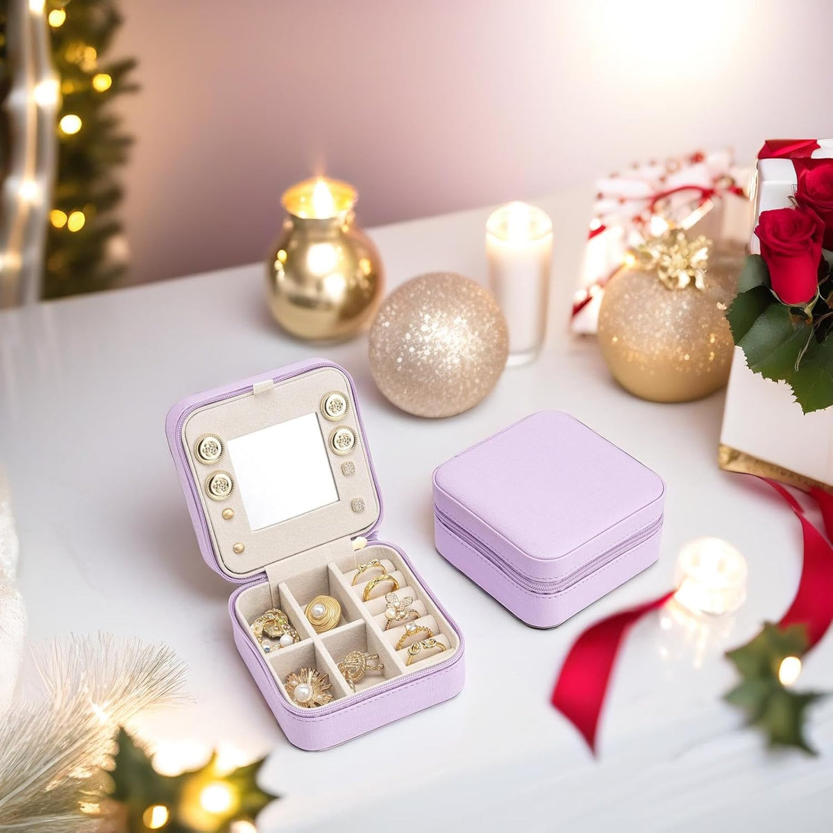 Small Mirrored Travel Jewelry Box Organizer, Purple | Carry-on, For Necklaces Rings Earrings, Storage Case