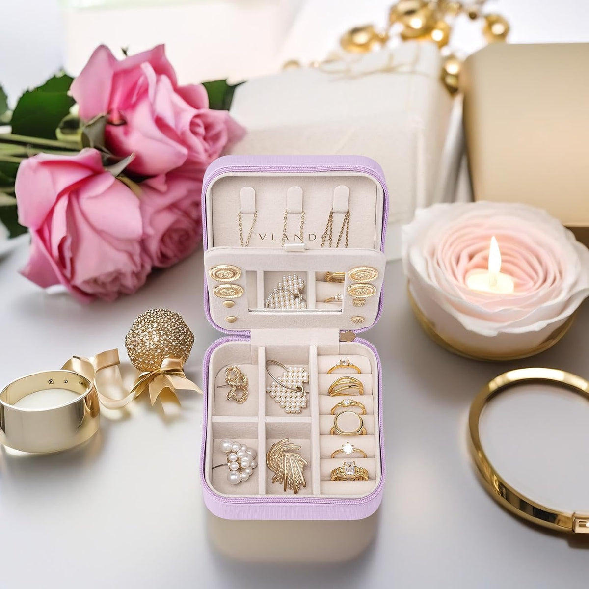 Small Mirrored Travel Jewelry Box Organizer, Purple | Carry-on, For Necklaces Rings Earrings, Storage Case