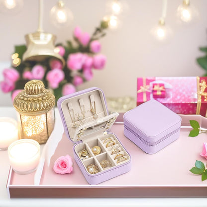 Small Mirrored Travel Jewelry Box Organizer, Purple | Carry-on, For Necklaces Rings Earrings, Storage Case