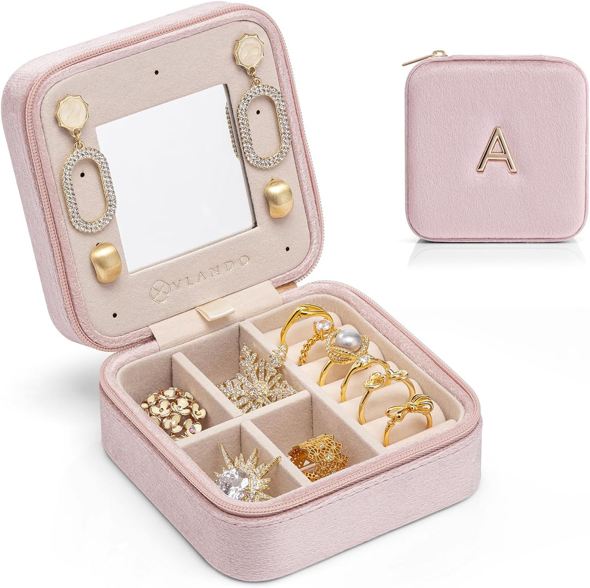 Small Mirrored Travel Jewelry Box Organizer, Purple | Carry-on, For Necklaces Rings Earrings, Storage Case