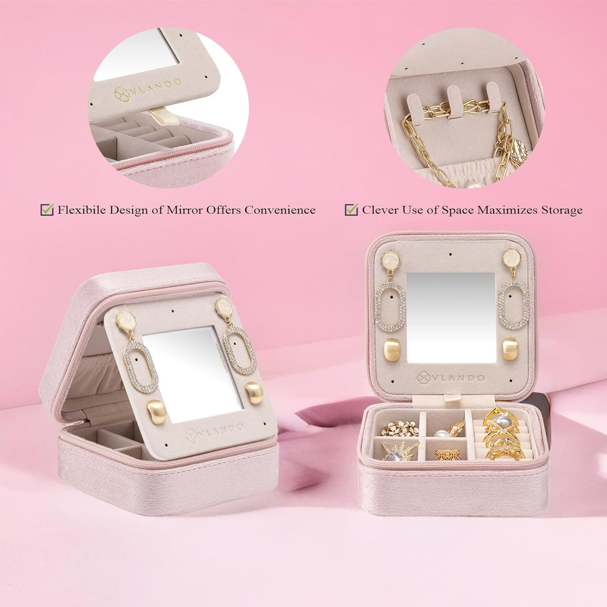 Small Mirrored Travel Jewelry Box Organizer, Purple | Carry-on, For Necklaces Rings Earrings, Storage Case