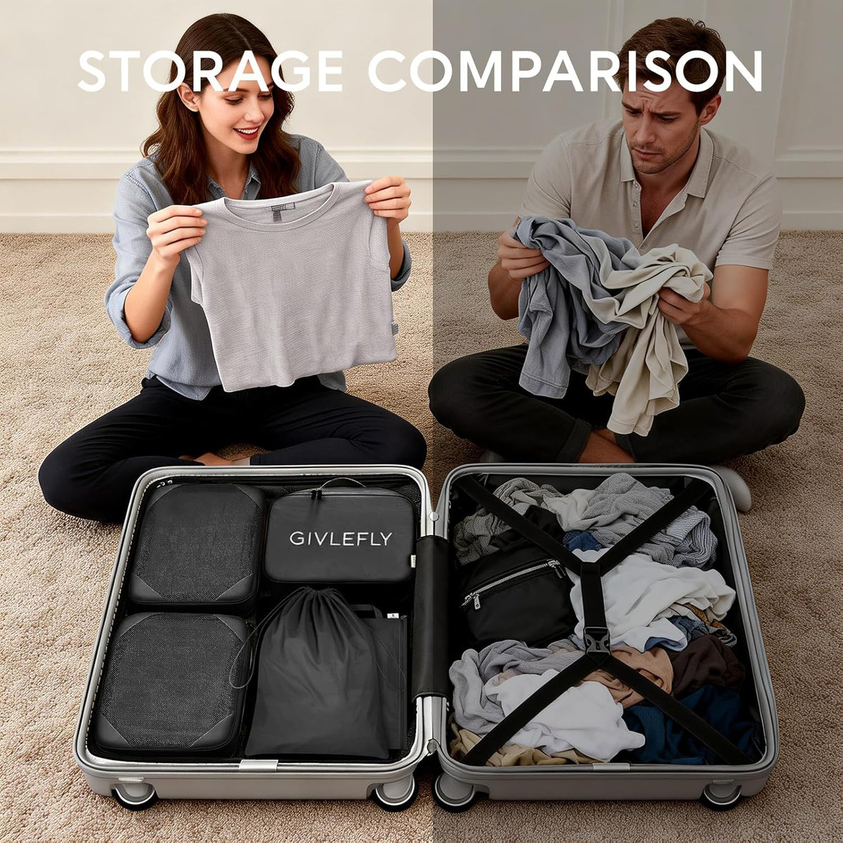 Compression Packing Cubes for Travel, 6-Piece Lightweight Luggage Organizer Bags, Space Saving Suitcase Packing Set for Women