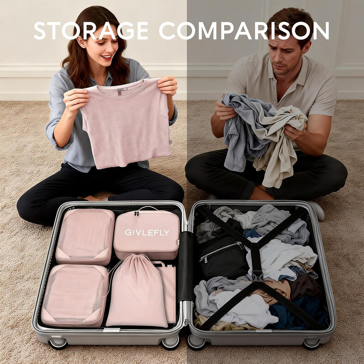 Compression Packing Cubes for Travel, 6-Piece Lightweight Luggage Organizer Bags, Space Saving Suitcase Packing Set for Women