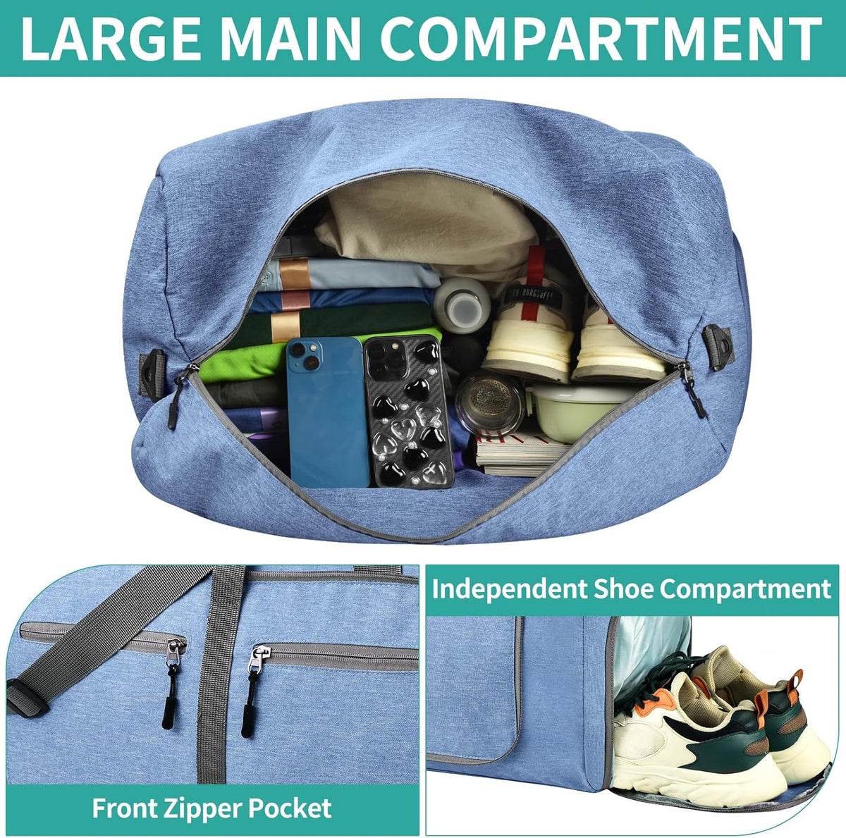 40L Travel Duffle Bag for Men Women - Foldable Duffel Bag with Shoes Compartment - Overnight Bags Waterproof & Tear Resistant(Green)