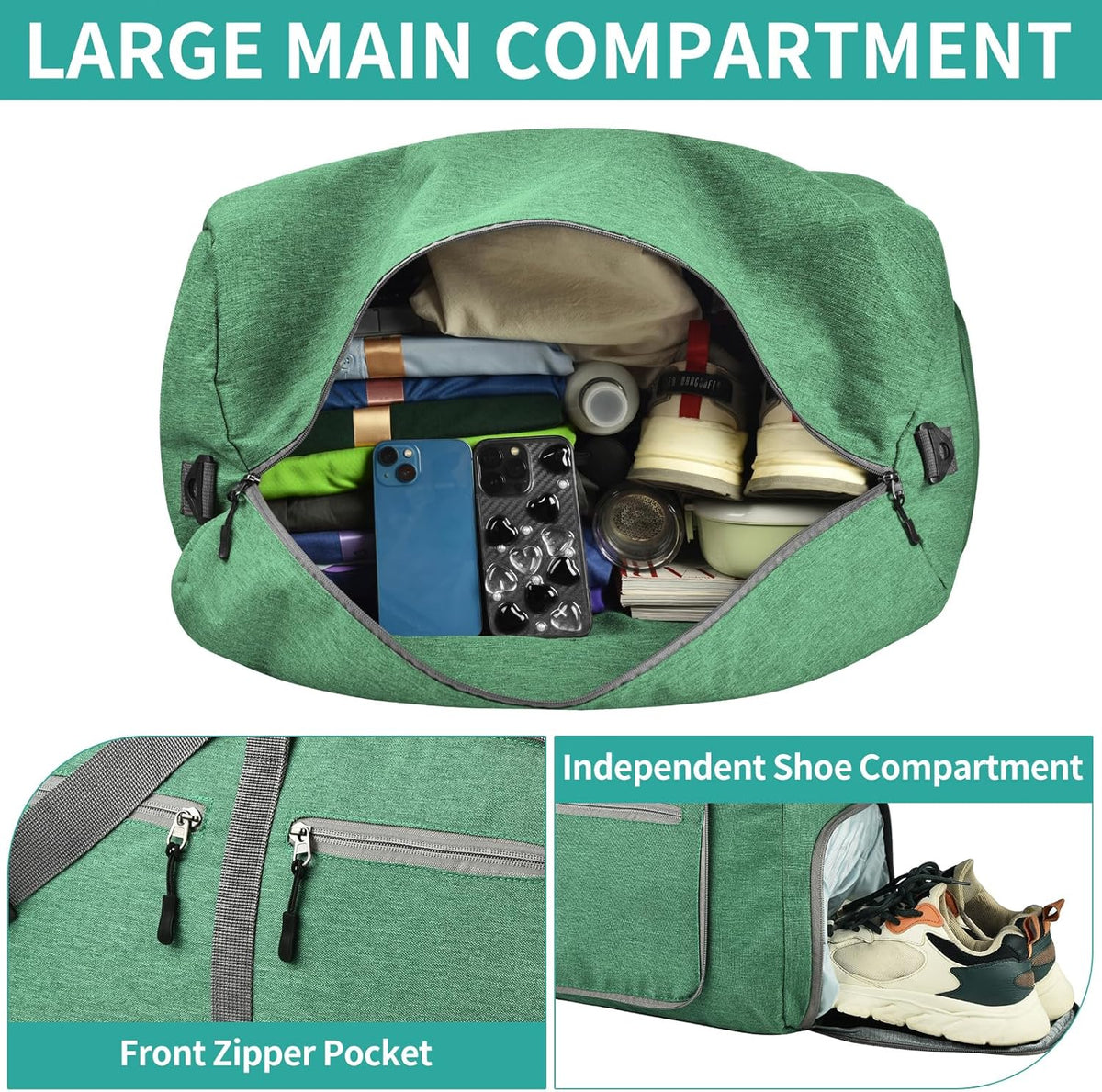 40L Travel Duffle Bag for Men Women - Foldable Duffel Bag with Shoes Compartment - Overnight Bags Waterproof & Tear Resistant(Green)